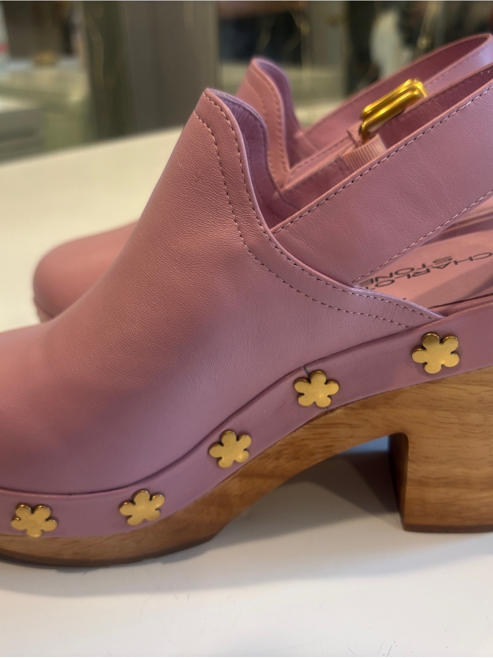 Charlotte Stone Pink Leather Floral-Stud Wooden Clog Heels - Picture 3 of 8